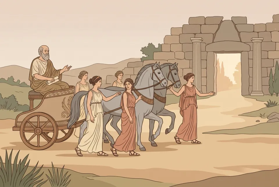 Illustration of an old philosopher riding a horse-drawn chariot towards great stone gates, guided by young women in robes