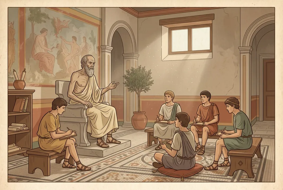 Illustration of an elderly philosopher in a toga teaching young students seated around him in a sunlit Roman villa room