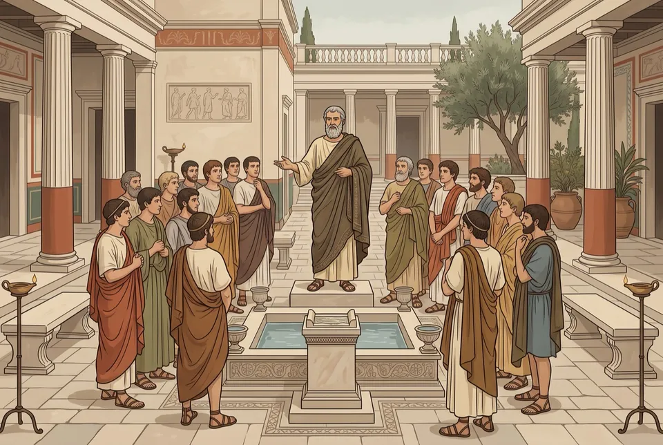 Illustration of a bearded teacher in a dark cloak addressing a crowd of young men in the courtyard of a grand Athenian house