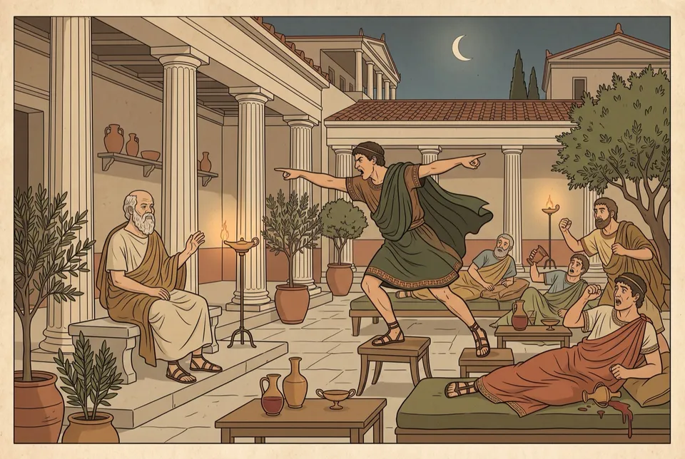 Illustration of an angry orator leaping up to point at a calm Socrates in a lamplit courtyard as startled guests look on