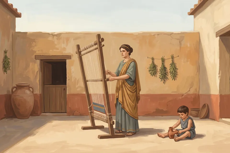Classical illustration of Xanthippe at her loom in the courtyard of a modest Athenian house