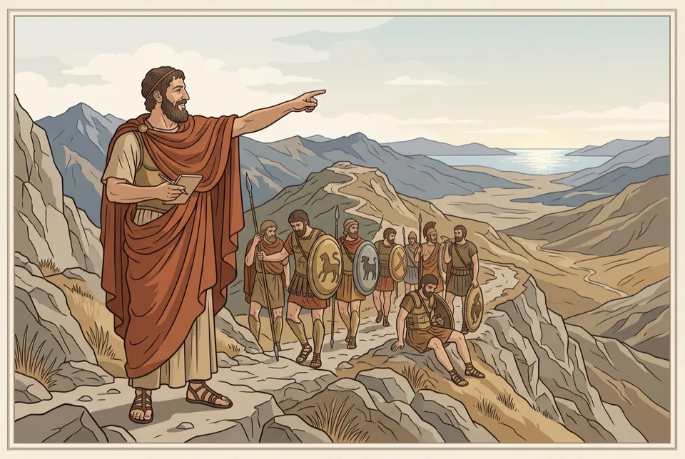 Illustration of a cloaked soldier on a mountain ridge pointing towards the distant sea as weary hoplites follow him