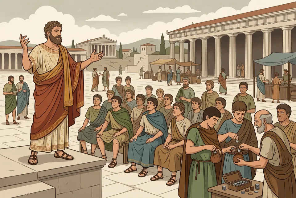 Illustration of a confident teacher addressing young men in a busy agora while coins change hands at the edge of the crowd