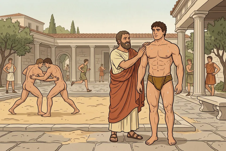 Illustration of a coach placing a hand on the shoulder of a broad-shouldered young wrestler in a palaestra as others train behind them